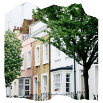 Two photos of the Chelsea neighbourhood in London, showing traditional white Victorian houses from the outside