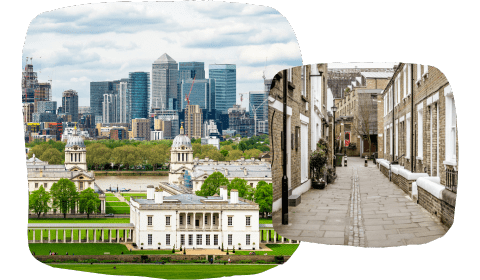 Two photos of the Greenwich area in London, showing the skyline from the top of a hill and a charming traditional street