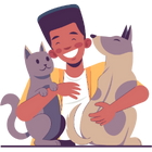 Drawing of a person hugging a cat and a dog