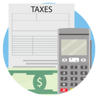 Icon of a tax filing, showing a paper that says "tax", a calculator and a dollar bill
