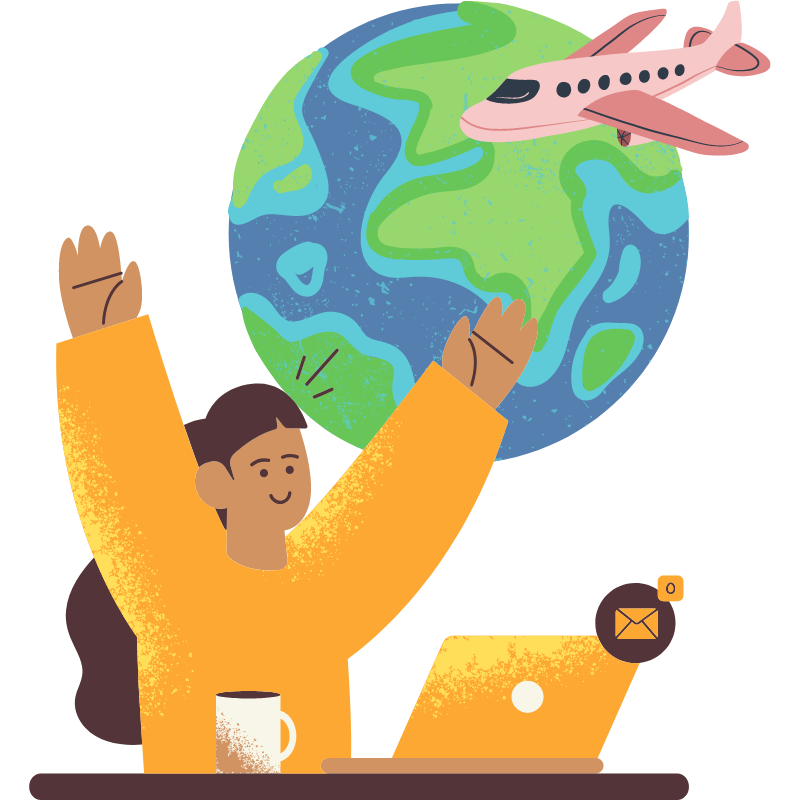 Drawing of an employee with their hands up, showing happiness. In the background is the world globe and a plane flying over it.