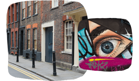 Two photos of the Shoreditch area in London, showing graffiti and the local brick houses from the outside